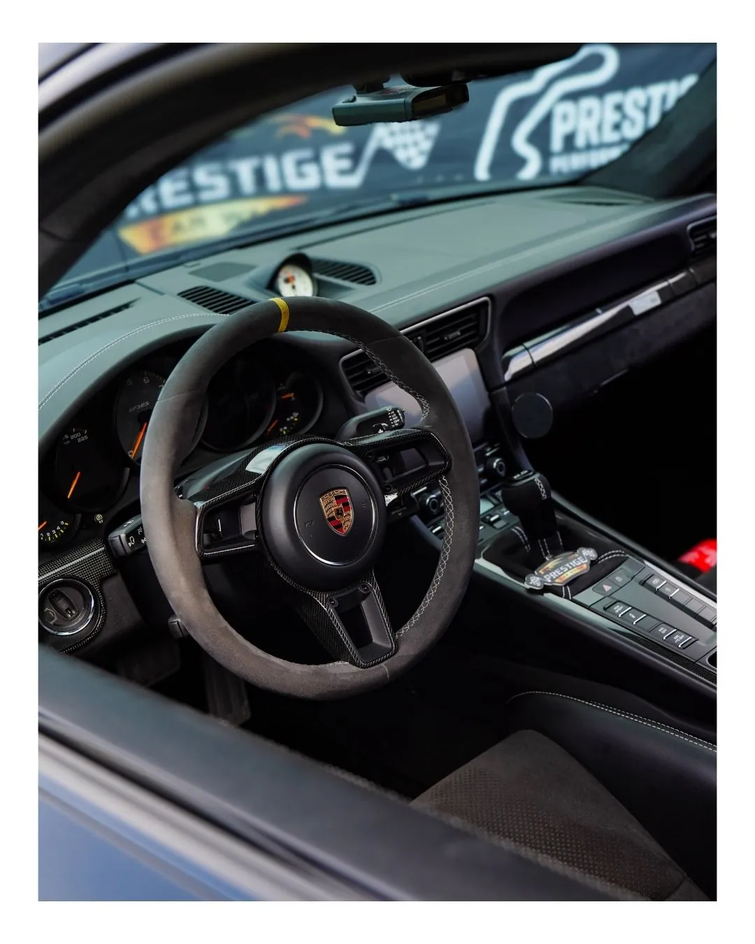 GT3 RS alcantara steering wheel and cockpit — steering wheel and interior work at Prestige Performance Center