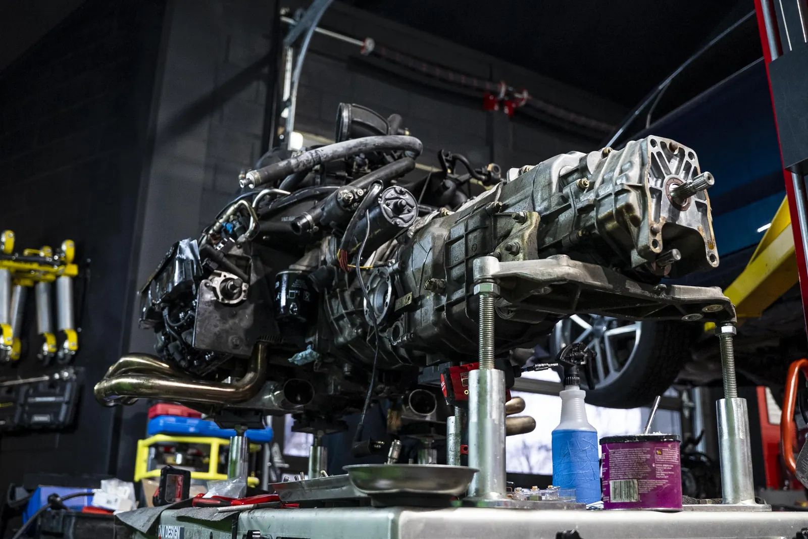 Air-cooled Porsche 911 engine on a build stand at Prestige Performance Center, Hopewell Junction NY