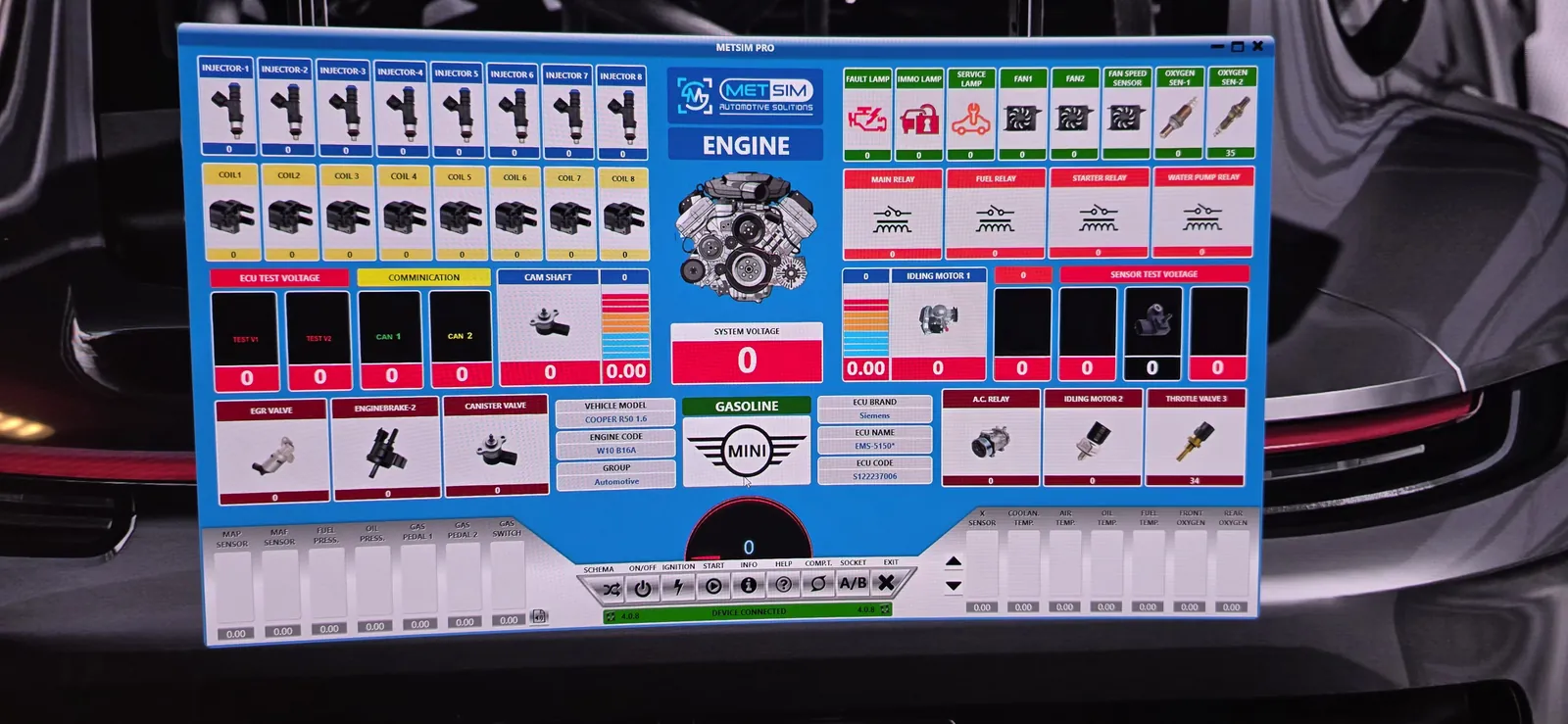 Live bench verification of an engine control unit at Prestige Performance Center — injectors, coils, relays and sensor data on screen