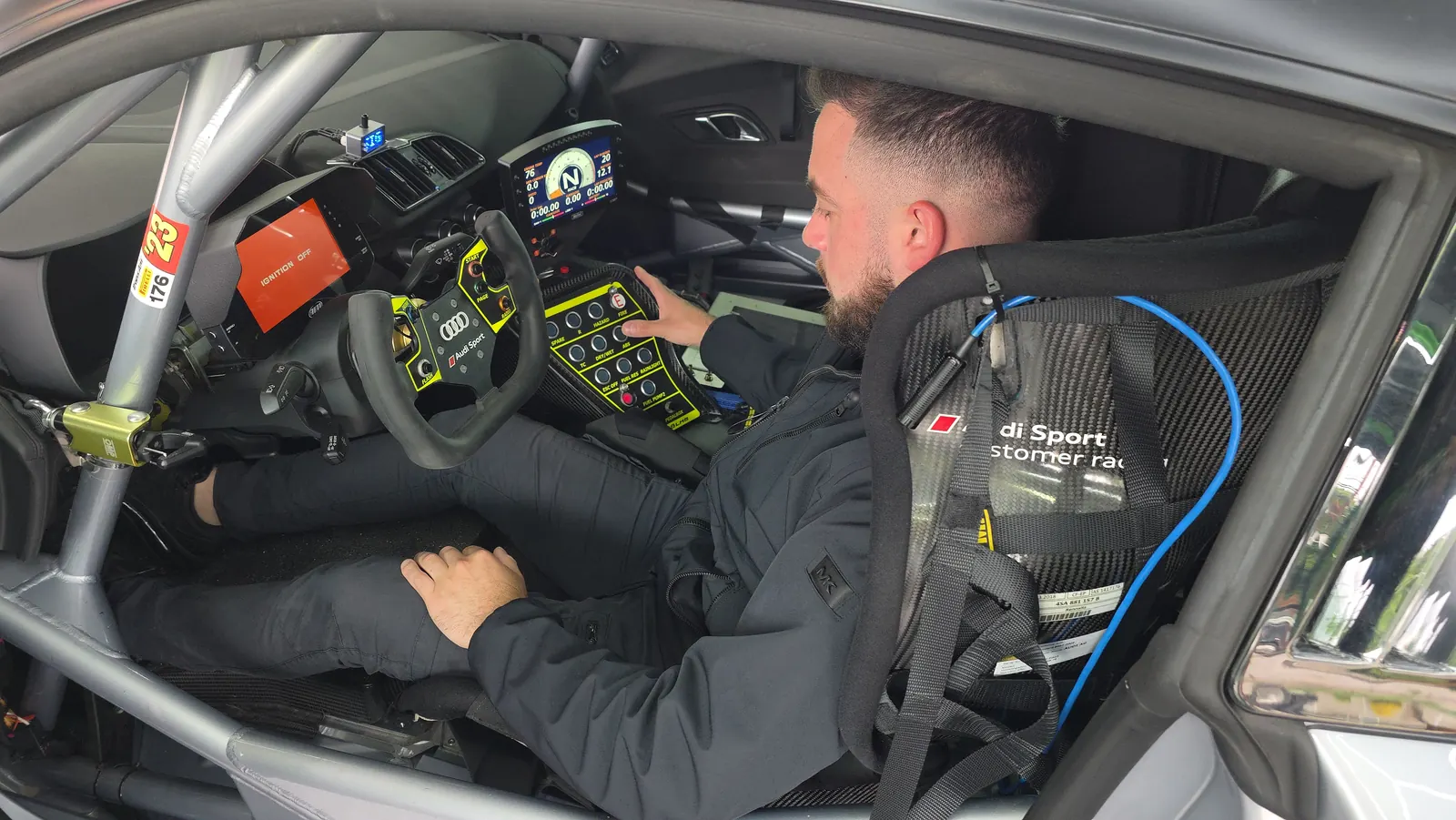 Inside the R8 LMS GT4 — Audi Sport customer racing cockpit, cage, and controls