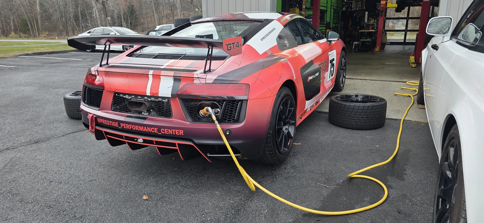Our factory Audi R8 LMS GT4 outside the Prestige Performance Center bays