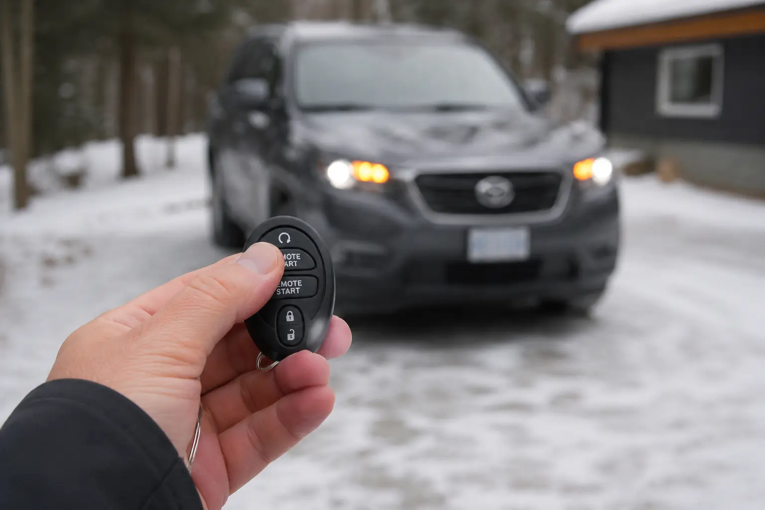 Remote start keyfob starting an SUV from the driveway on a snowy winter morning