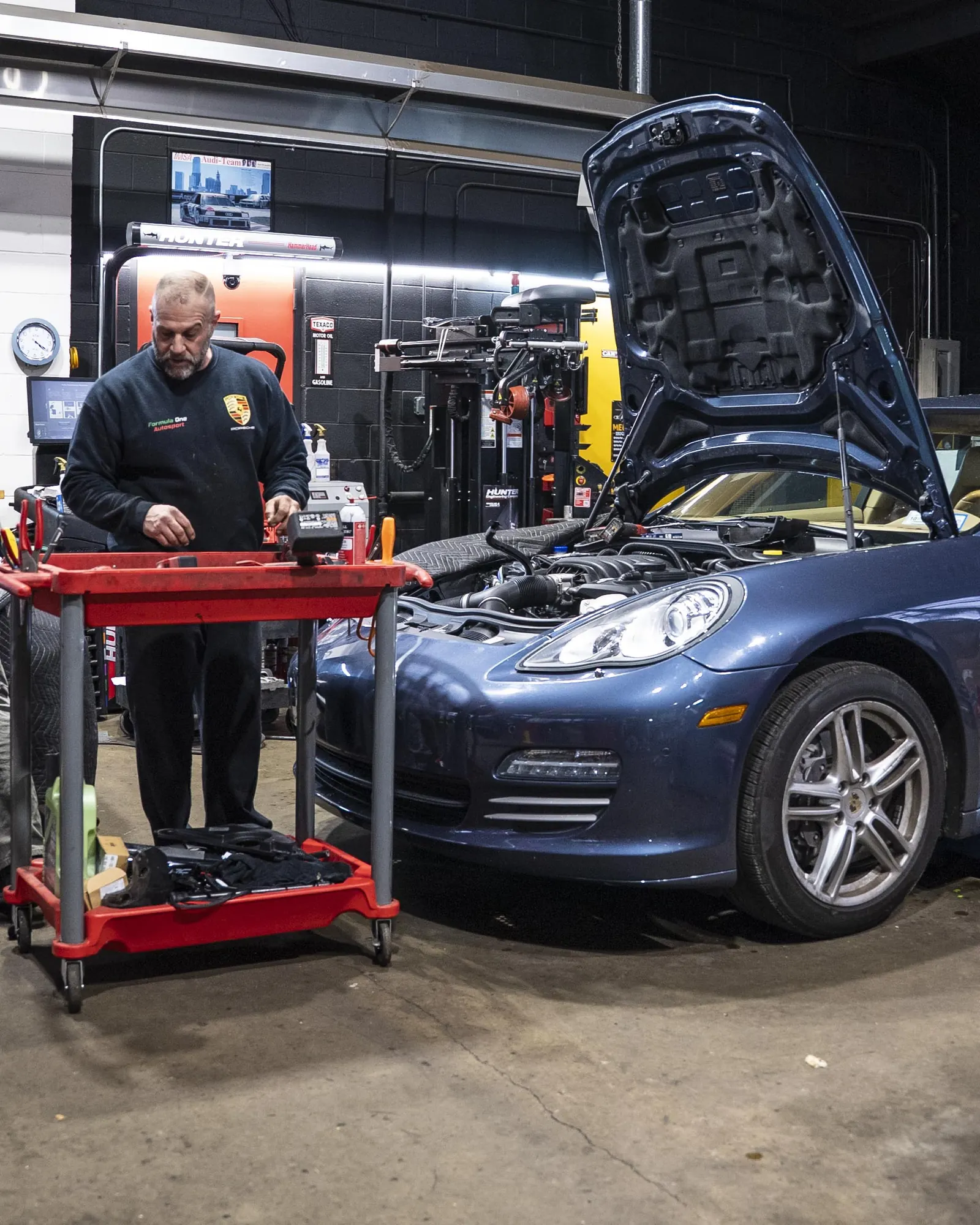 Inside the Prestige Performance Center shop with Hunter alignment equipment