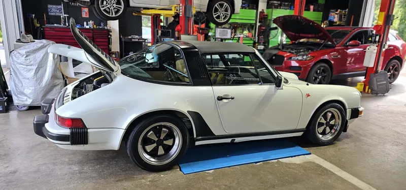 G-body 911 Targa in the shop, decklid up